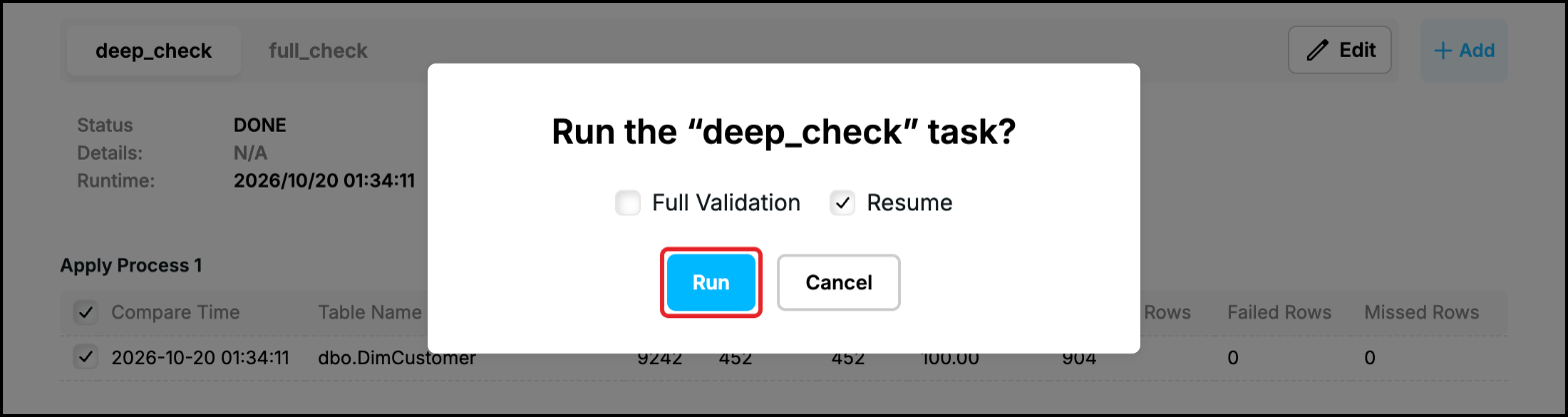 Web UI: Run dialog of a stopped task with Resume selected, the Run button highlighted