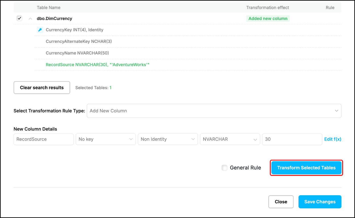Web UI, Add New Column: the new column in the list, the Transform Selected Tables button highlighted