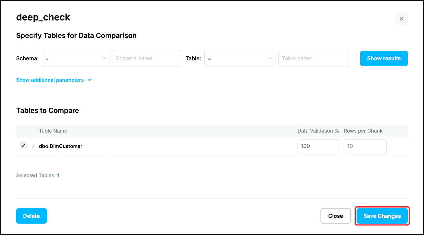 Web UI, Edit window of deep_check: Rows per Chunk changed to 10, the Save Changes button highlighted