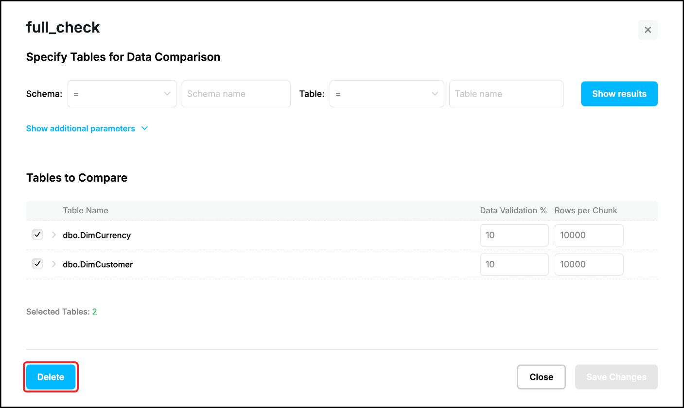 Web UI, Edit window of the task full_check with the Delete button highlighted