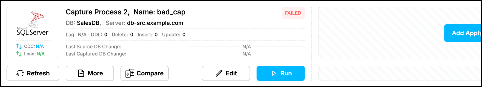 Web UI dashboard: Capture Process 2 card with the FAILED status