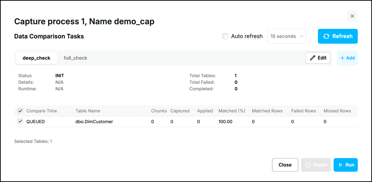 Web UI, Compare window with the tabs deep_check and full_check: the new task has the status INIT