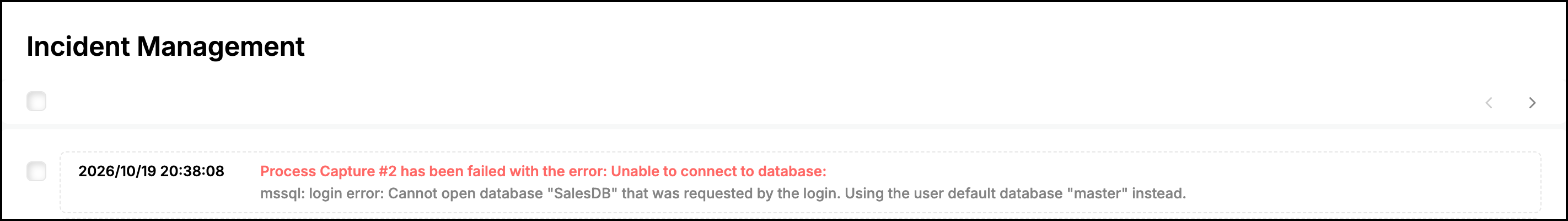 Web UI dashboard: Incident Management section listing a failed process with its error message