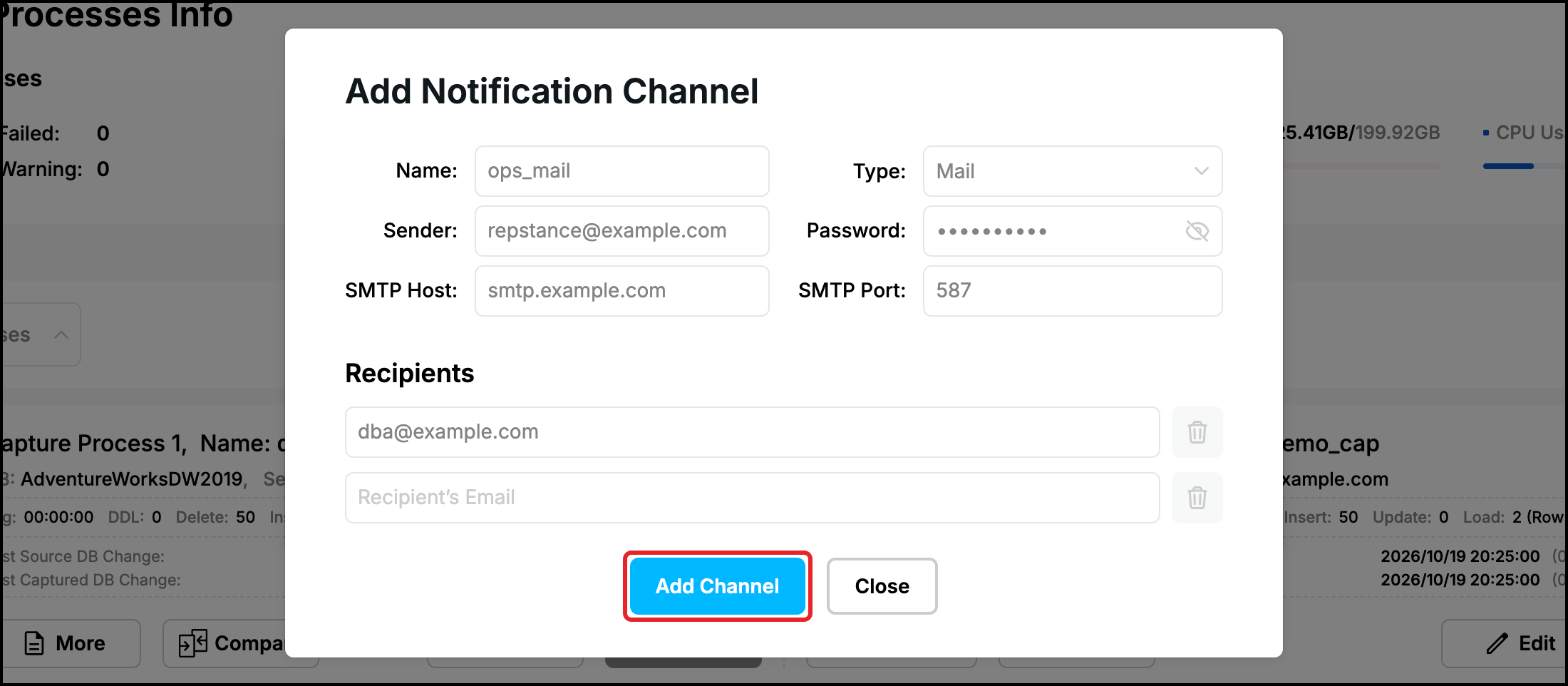 Web UI, Add Notification Channel form with sender, SMTP host, port and recipient, Add Channel highlighted