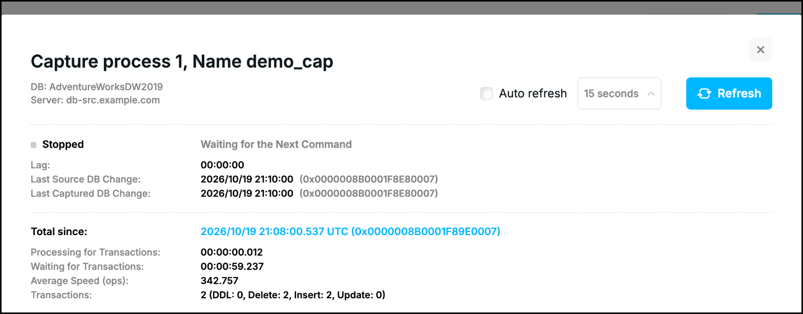 Web UI, Capture process details: state Stopped, Waiting for the Next Command, and the Total since position