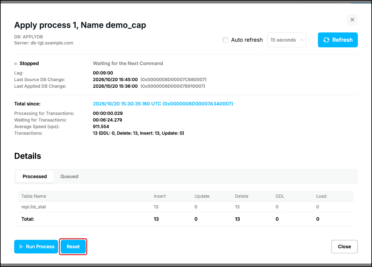 Web UI, details of the stopped Apply Process 1: the Run Process and Reset buttons, Reset highlighted