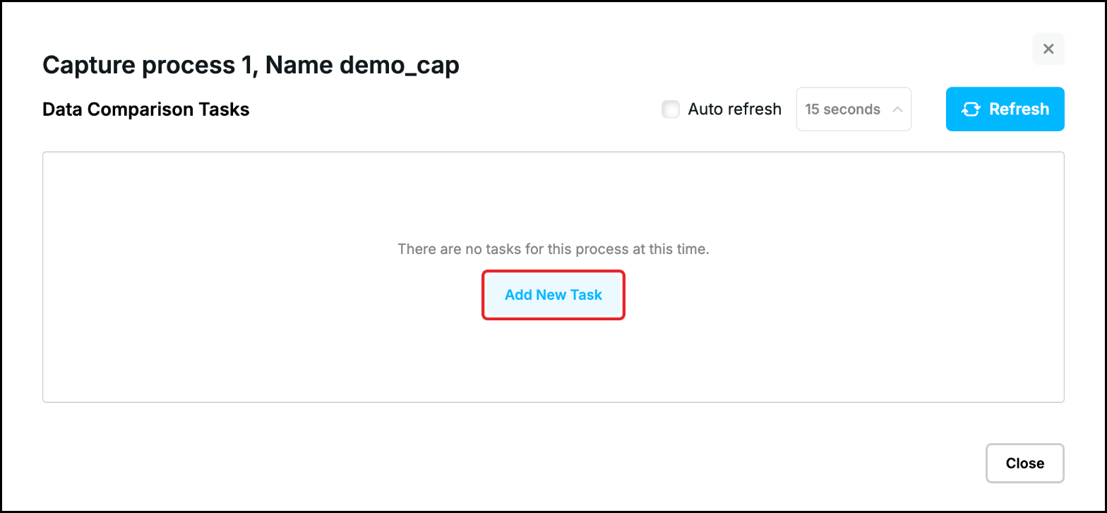 Web UI, Compare window of a Capture Process without tasks, the Add New Task button highlighted
