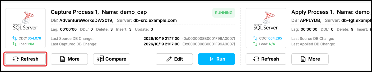 Web UI dashboard: Capture Process 1 still shows RUNNING while the Run button is already displayed, Refresh button highlighted