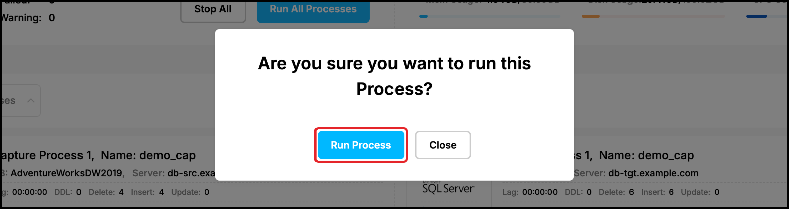 Web UI: confirmation dialog for running the process with the Run Process button highlighted