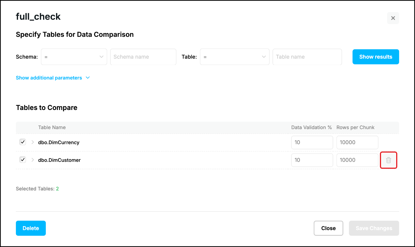 Web UI, Edit window of full_check: the bin icon of the table dbo.DimCustomer highlighted