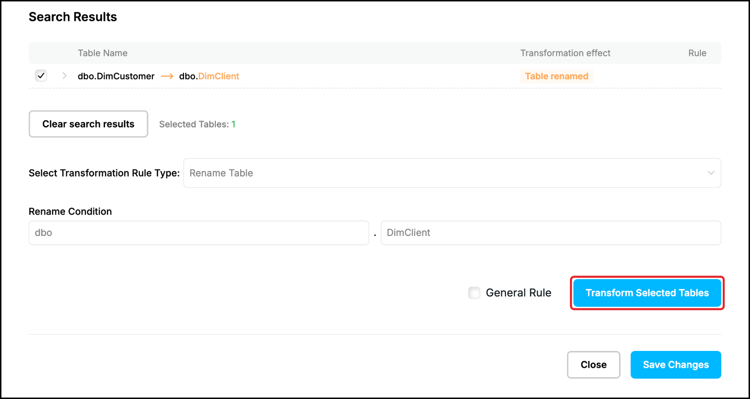 Web UI, Rename Table: Rename Condition dbo.DimClient, the Transform Selected Tables button highlighted