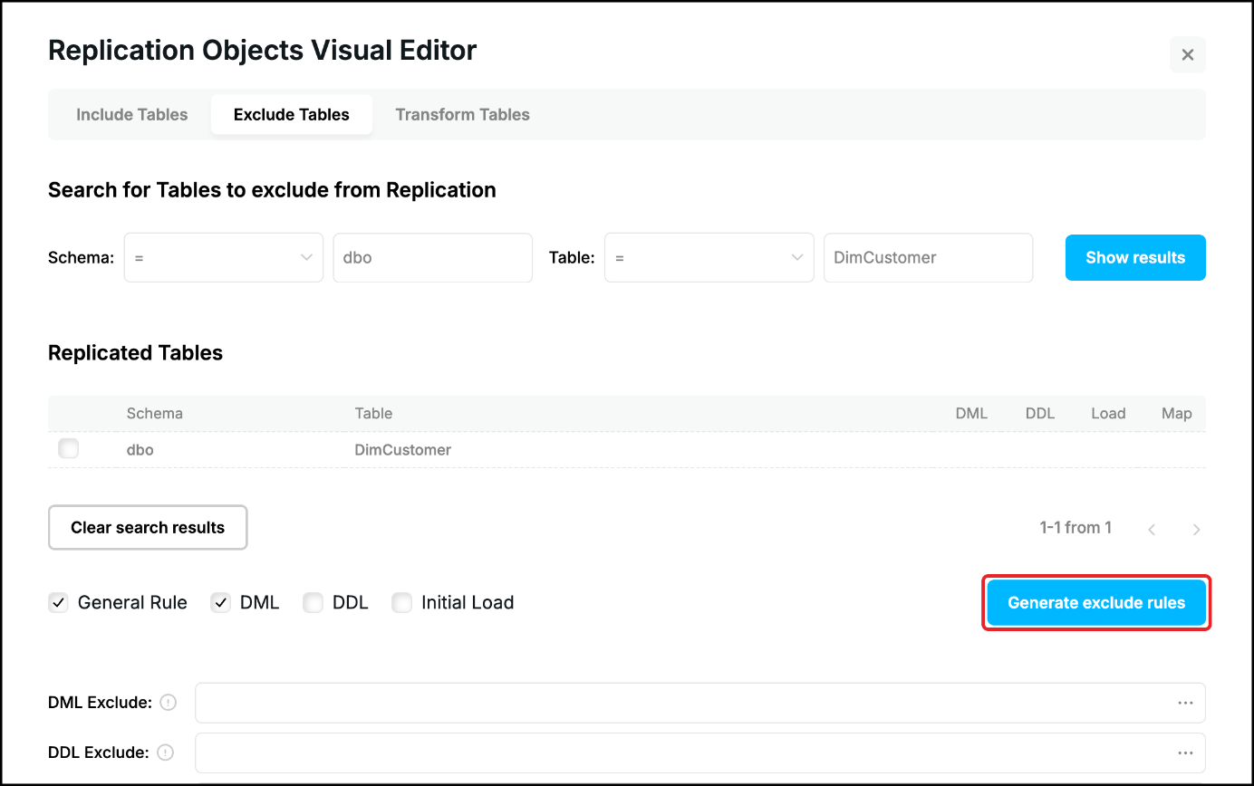 Web UI, Exclude Tables tab: the table dbo.DimCustomer found, the Generate exclude rules button highlighted