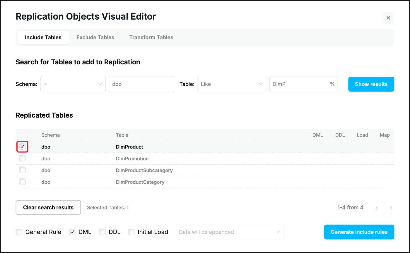 Web UI, Include Tables tab: the table DimProduct ticked in the list, General Rule cleared, the check box highlighted