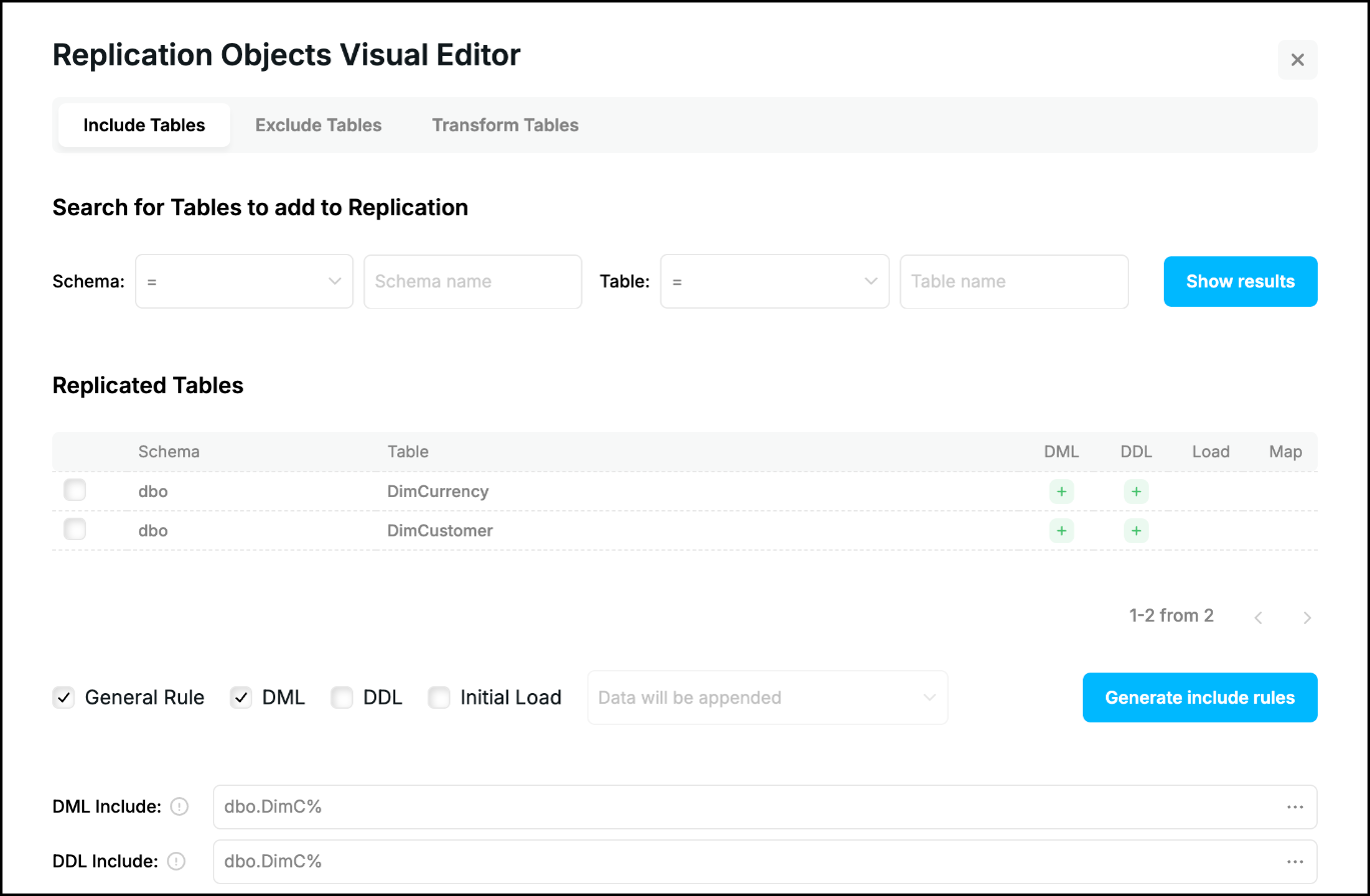 Web UI, Replication Objects Visual Editor: Include Tables tab with the Replicated Tables list and the rule fields