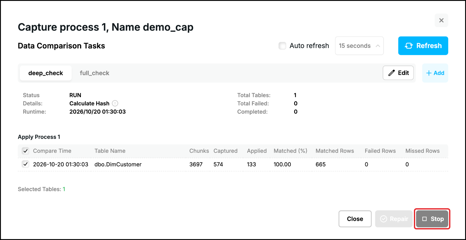 Web UI, task deep_check running with 574 of 3697 chunks captured, the Stop button highlighted