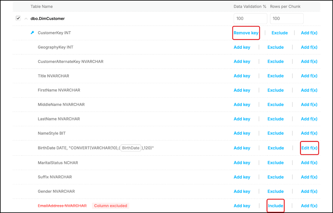 Web UI, columns of dbo.DimCustomer: Remove key, Edit f(x) on BirthDate and the excluded EmailAddress highlighted
