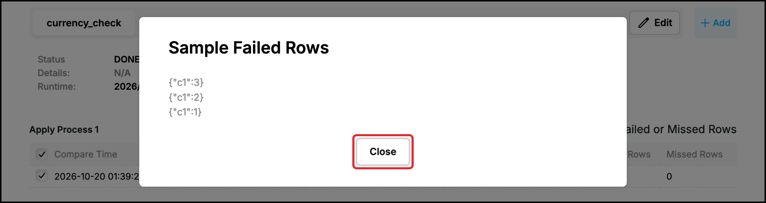 Web UI: Sample Failed Rows window with the keys of three rows, the Close button highlighted