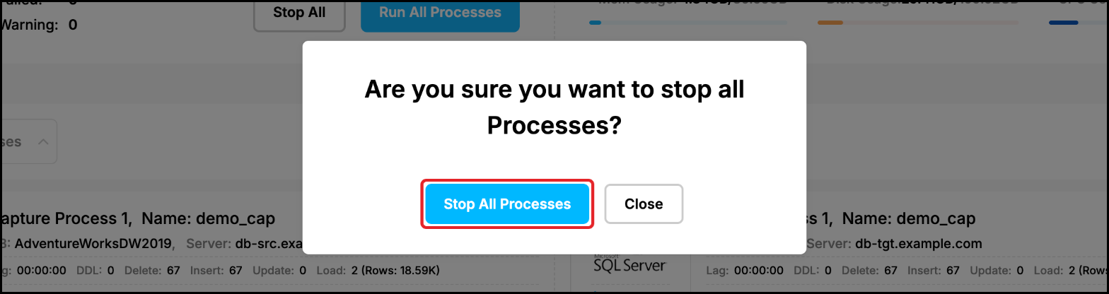 Web UI: confirmation dialog for stopping all processes with the Stop All Processes button highlighted