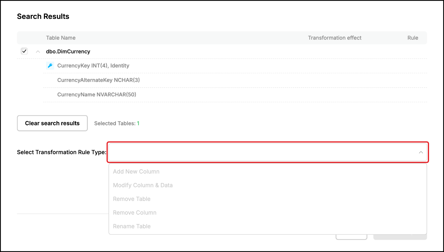 Web UI, Transform Tables tab: the five transformation rule types in the list