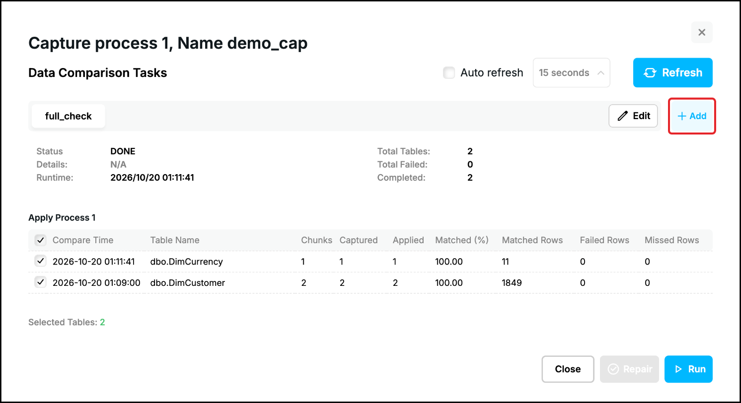 Web UI, Compare window with a finished task, the + Add button highlighted