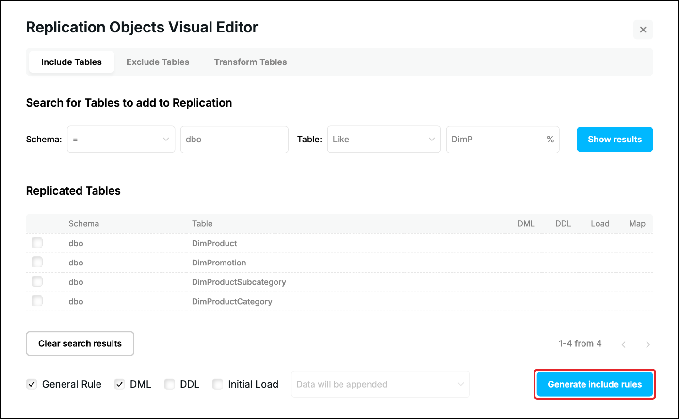 Web UI, Include Tables tab: the tables found, the flags and the Generate include rules button highlighted
