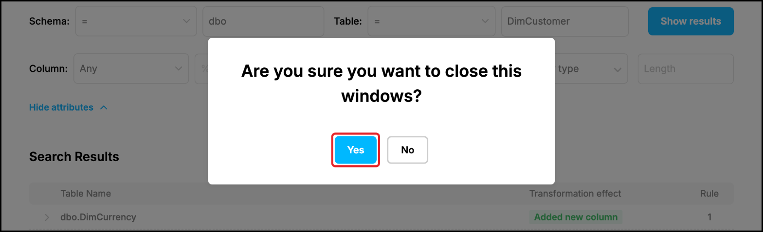 Web UI: confirmation of closing the Replication Objects Visual Editor, the Yes button highlighted