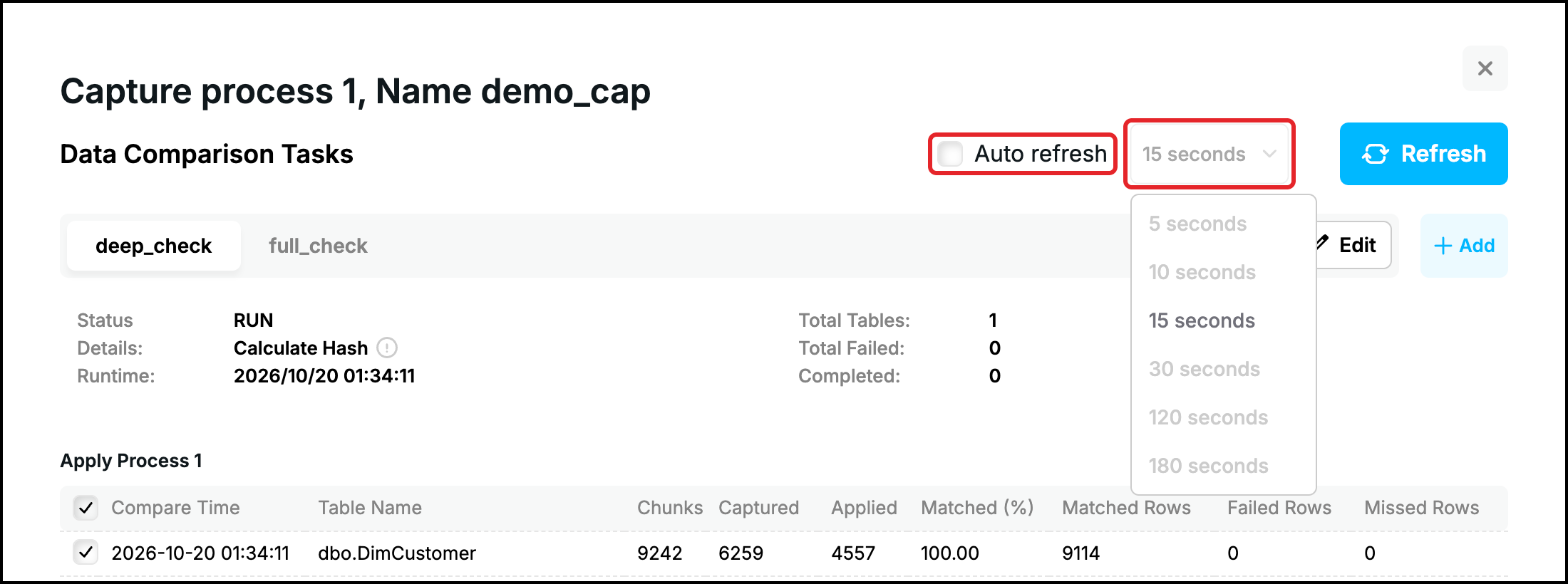 Web UI, Compare window: the Auto refresh check box and the list of the intervals highlighted