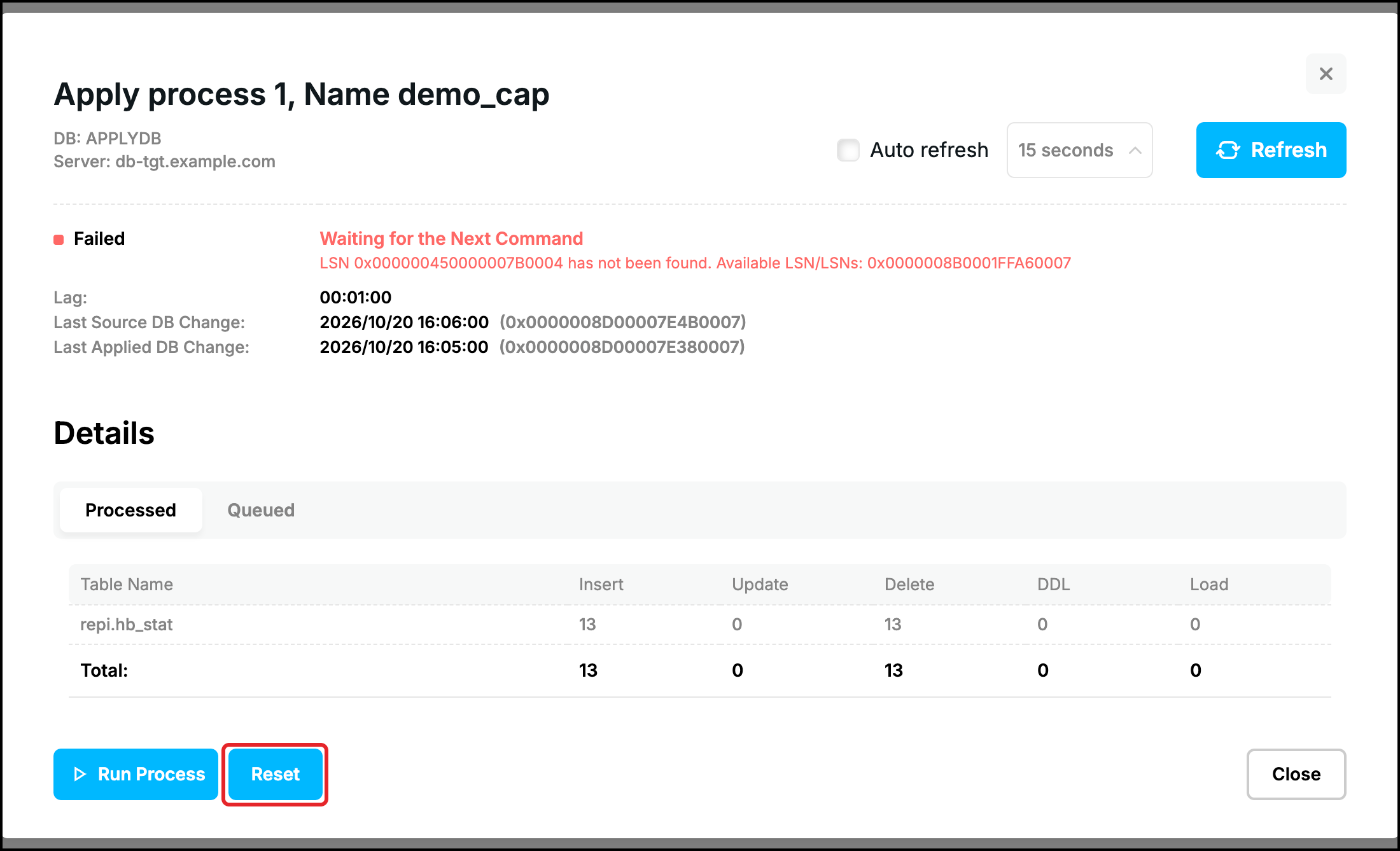 Web UI, Apply Process 1 Failed: the message says the LSN has not been found, Reset highlighted