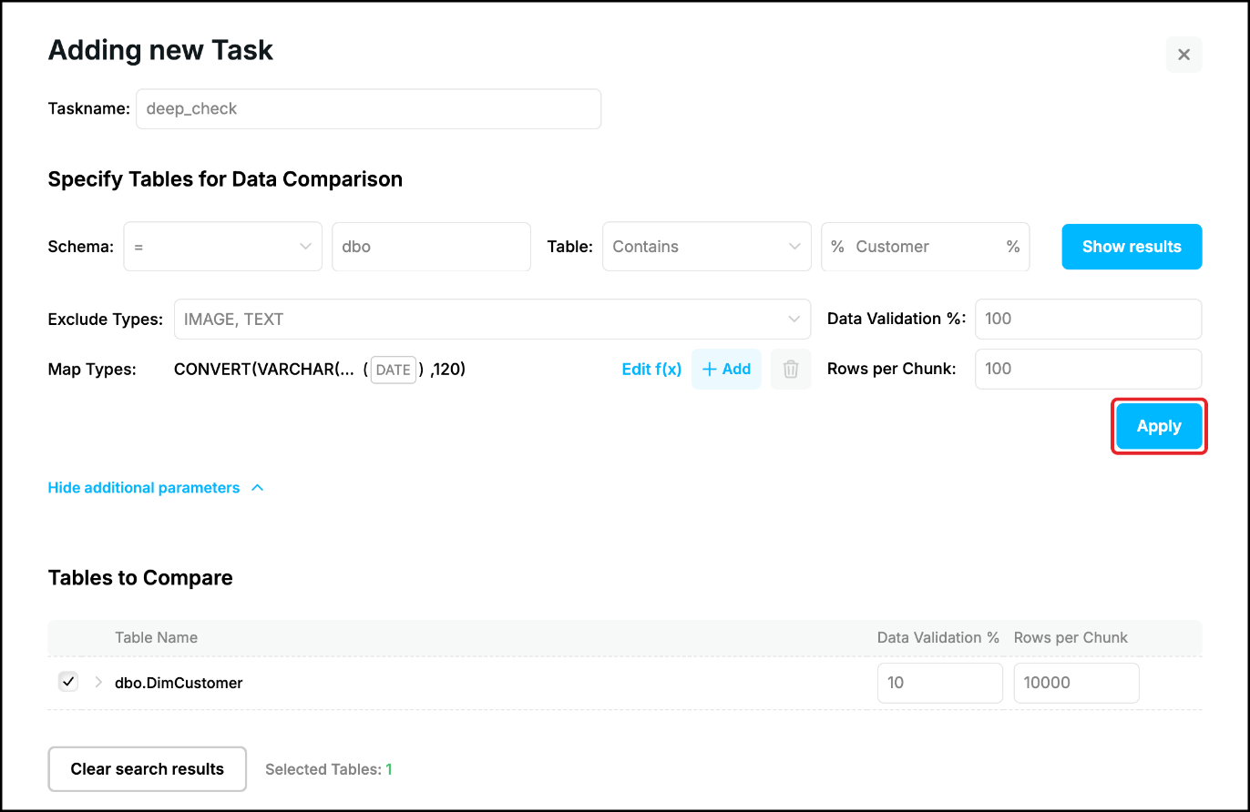 Web UI, additional parameters: excluded types, a function for DATE, 100 and 100, the Apply button highlighted