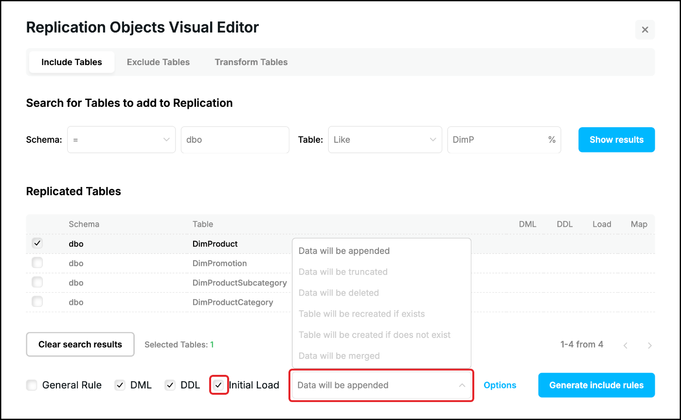 Web UI, Include Tables tab: Initial Load ticked and the list of the load modes open