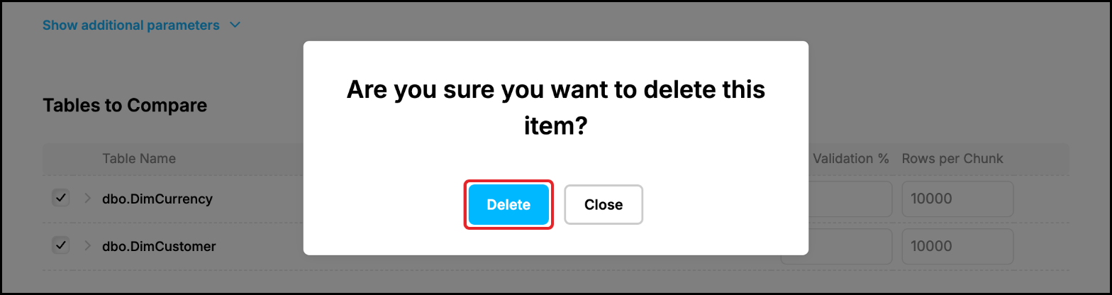 Web UI: confirmation of deleting an item, the Delete button highlighted