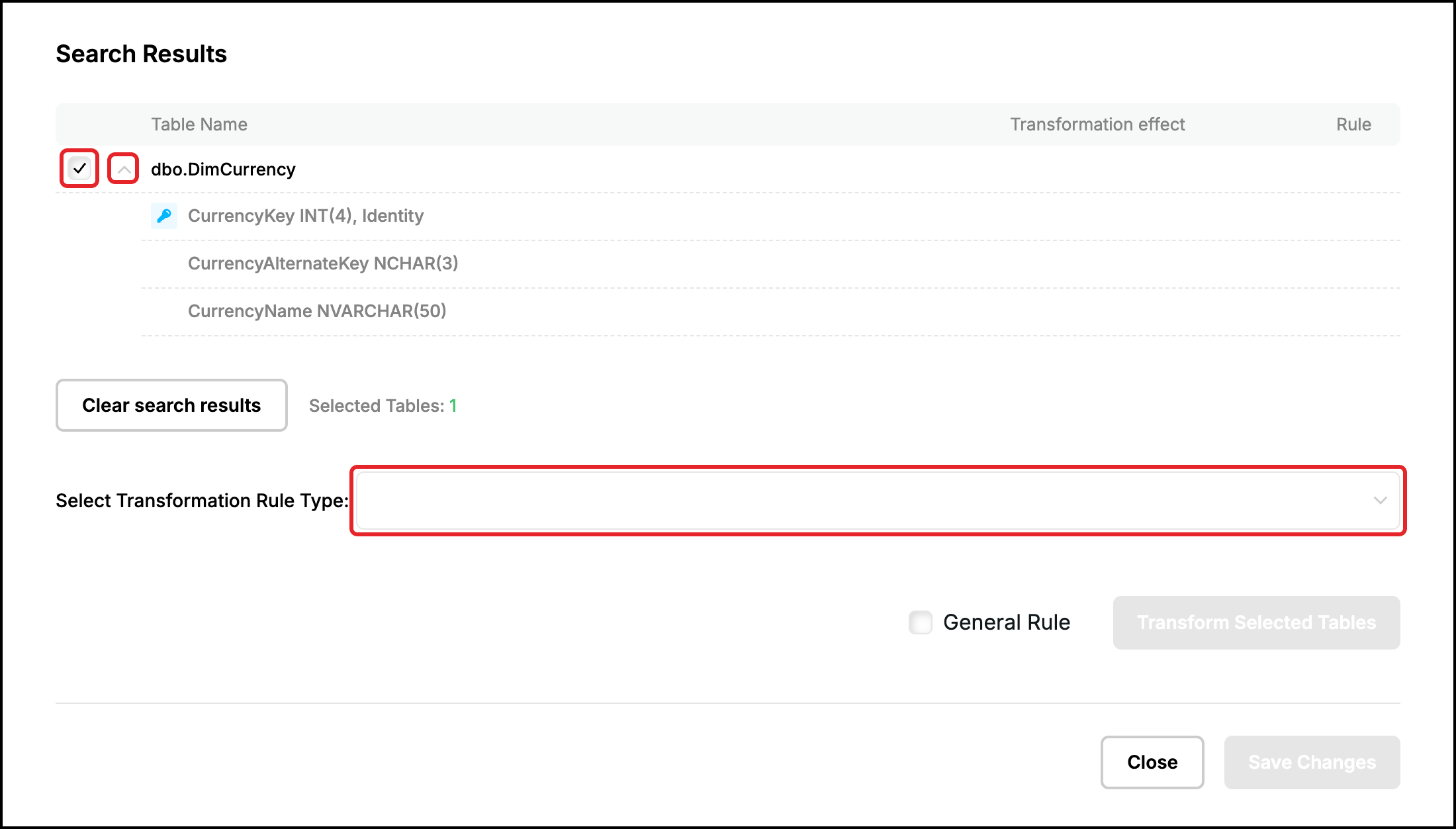 Web UI, Transform Tables tab: the table dbo.DimCurrency ticked with its columns, the rule type list highlighted