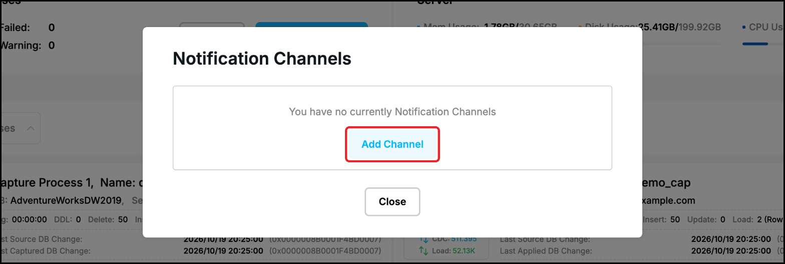 Web UI, Notification Channels: no channels yet, Add Channel button highlighted